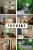 Collage showing multiple views of a house including laundry room, living room, and exterior