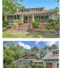 Collage of exterior house images including front porch and side of house with garage bays