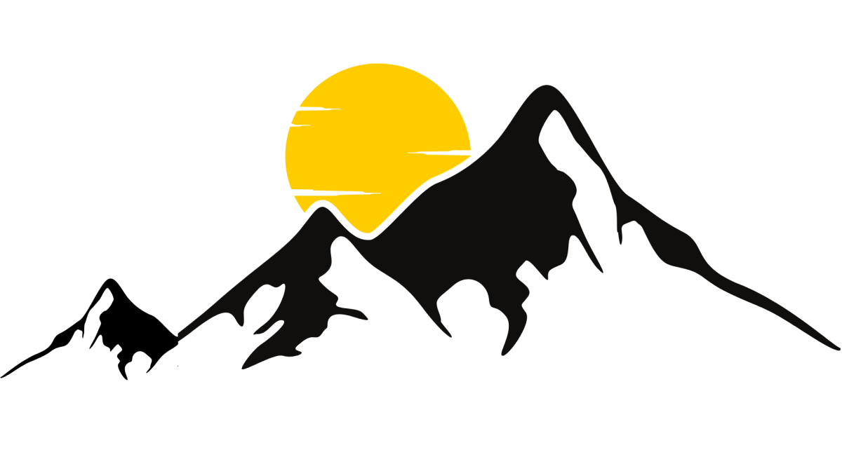 Outline of mountains in black and a yellow sun in the background. No text. Image is decorative in nature.